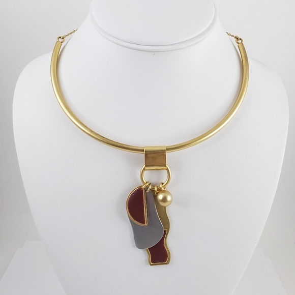 Madewell curved bar necklace - art deco pendants gold + silver tone + red brown - Picture 9 of 9